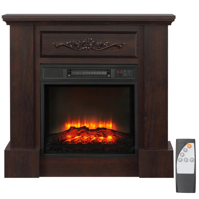 HOMCOM Electric Fireplace Heater with Wood Mantel and Remote Control - Brown