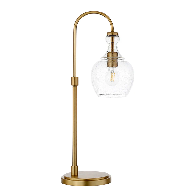 Hudson&Canal - Lampe de table arquée Verona de 68 cm de haut avec abat-jour en verre - Laiton brossé/grainé