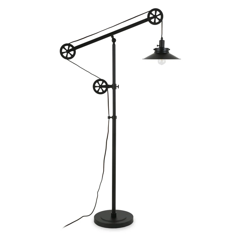 Hudson&Canal Descartes Wide Brim/Pulley System Floor Lamp with Metal Shade - Blackened Bronze/Blackened Bronze