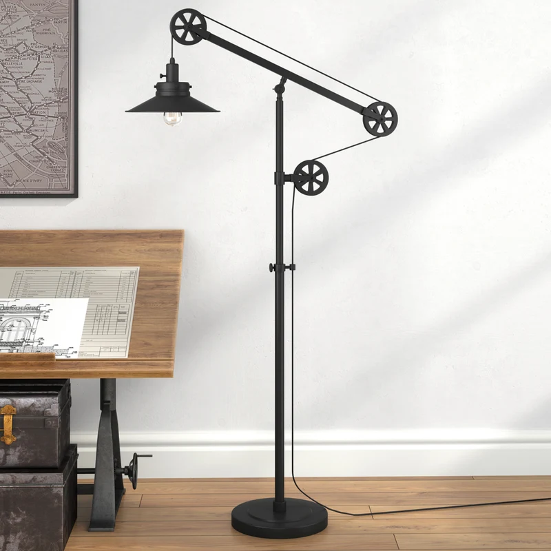 Hudson&Canal Descartes Wide Brim/Pulley System Floor Lamp with Metal Shade - Blackened Bronze/Blackened Bronze