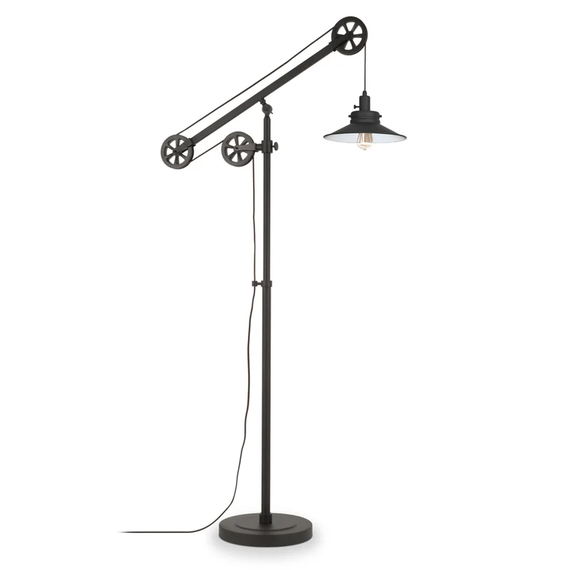 Hudson&Canal Descartes Wide Brim/Pulley System Floor Lamp with Metal Shade - Blackened Bronze/Blackened Bronze