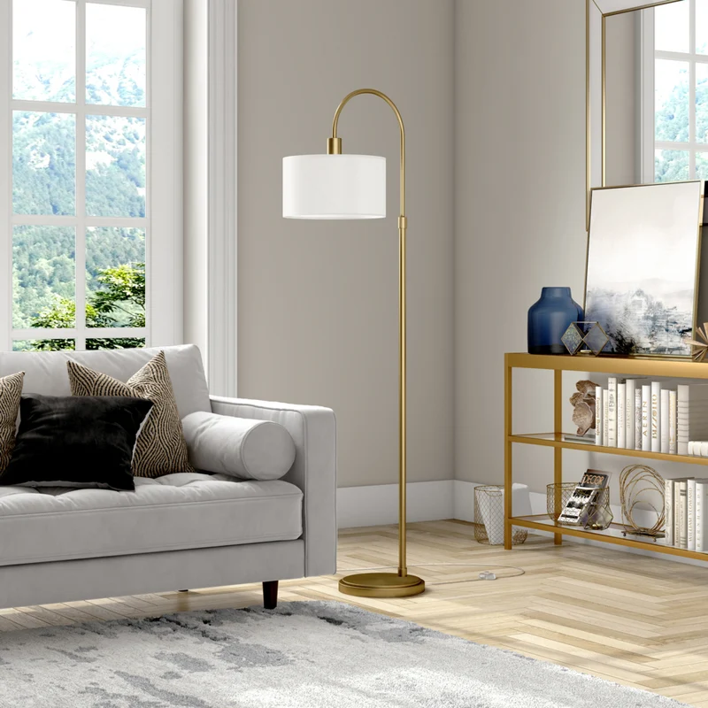 Hudson&Canal - Lampadaire Veronica Arc avec abat-jour en tissu - Laiton antique/blanc