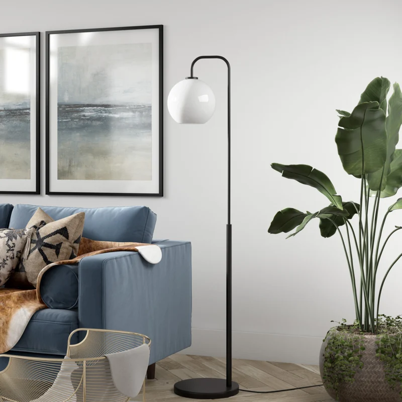 Hudson&Canal Harrison Arc Floor Lamp with Glass Shade - Blackened Bronze/White Milk