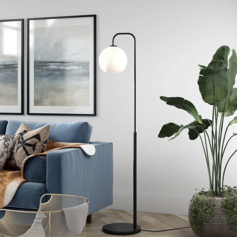 Hudson&Canal Harrison Arc Floor Lamp with Glass Shade - Blackened Bronze/White Milk