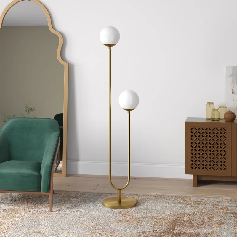 Hudson&Canal Dufrene 2-Light Floor Lamp with Glass Shades - Brass/White Milk