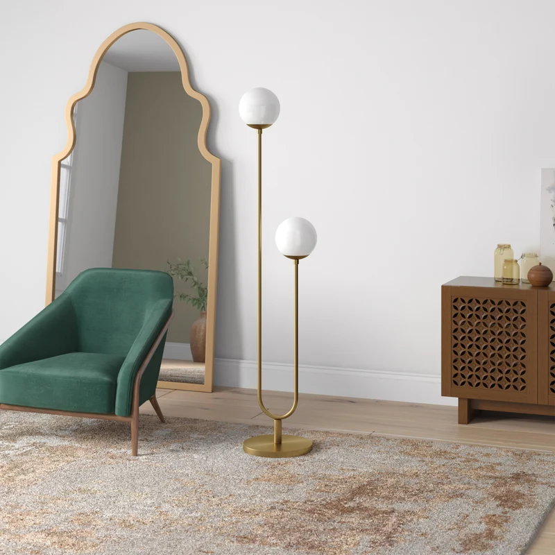 Hudson&Canal Dufrene 2-Light Floor Lamp with Glass Shades - Brass/White Milk