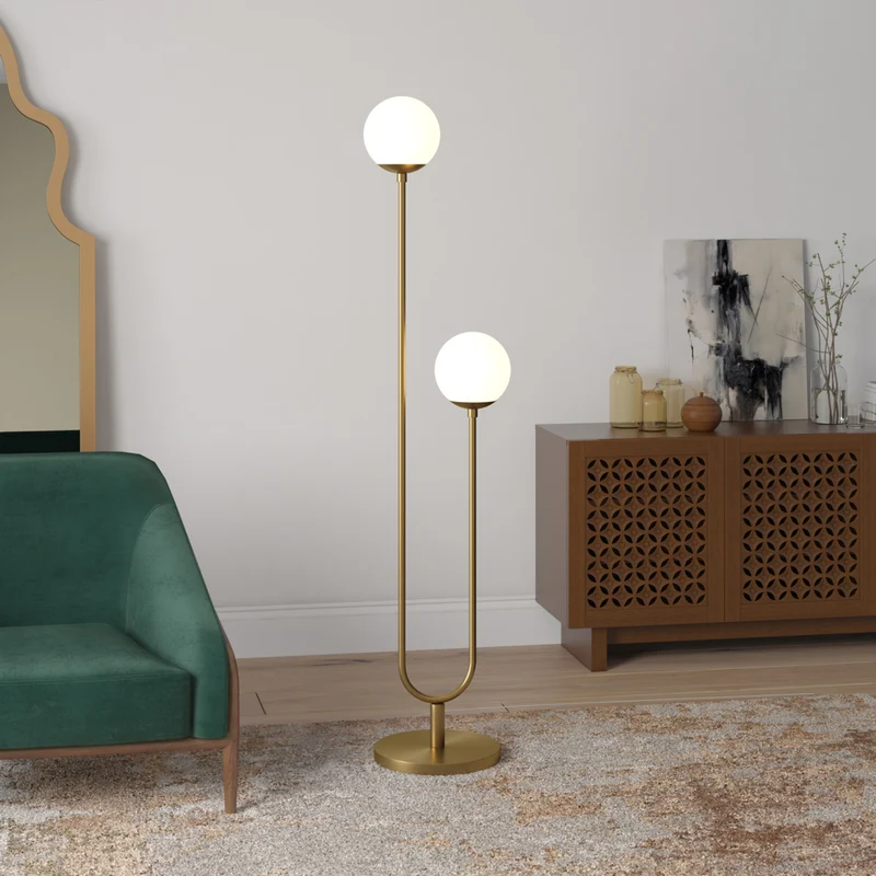 Hudson&Canal Dufrene 2-Light Floor Lamp with Glass Shades - Brass/White Milk