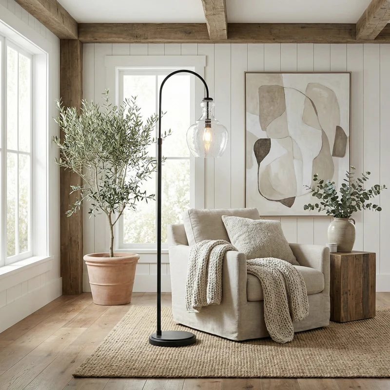 Hudson&Canal Verona Arc Floor Lamp with Glass Shade - Blackened Bronze/Seeded