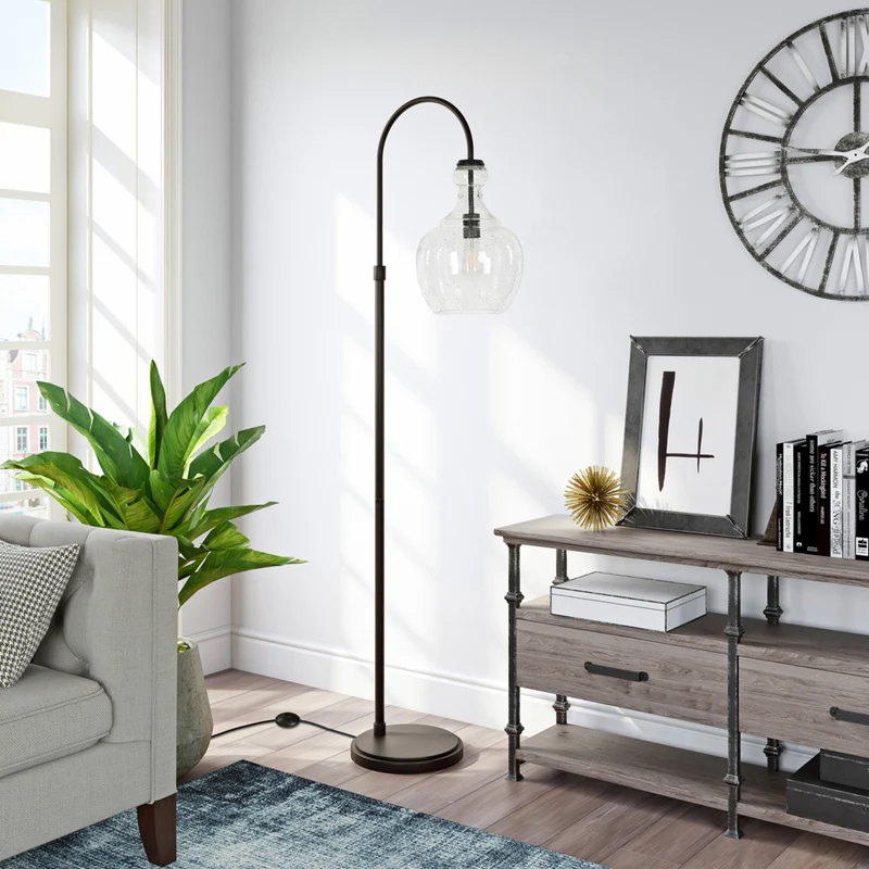 Hudson&Canal Verona Arc Floor Lamp with Glass Shade - Blackened Bronze/Seeded