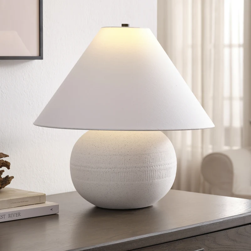 Hudson&Canal Willa 18" Tall Textured Ceramic Table Lamp with Fabric Shade - Cream/White