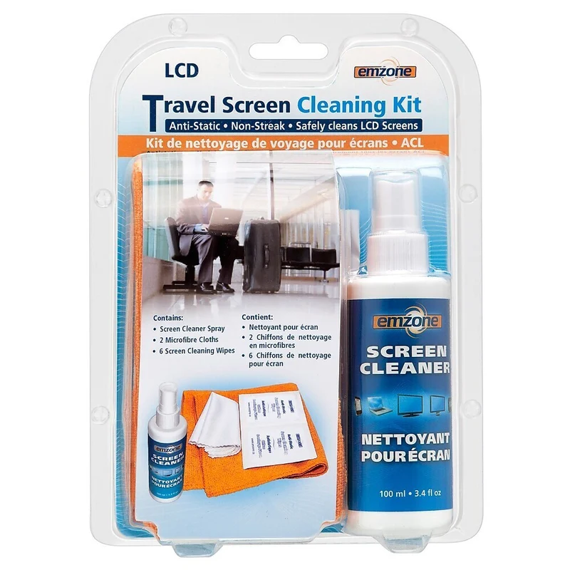 Emzone - Kit de nettoyage d'écran de voyage avec spray - Chiffon et lingettes - Paquet de 12