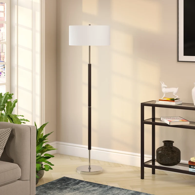 Hudson&Canal - Lampadaire Simone à 2 lumières avec abat-jour en tissu - Noir mat/Nickel poli/Blanc