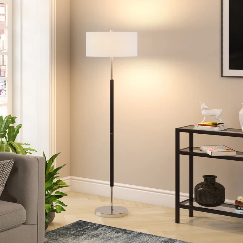 Hudson&Canal - Lampadaire Simone à 2 lumières avec abat-jour en tissu - Noir mat/Nickel poli/Blanc