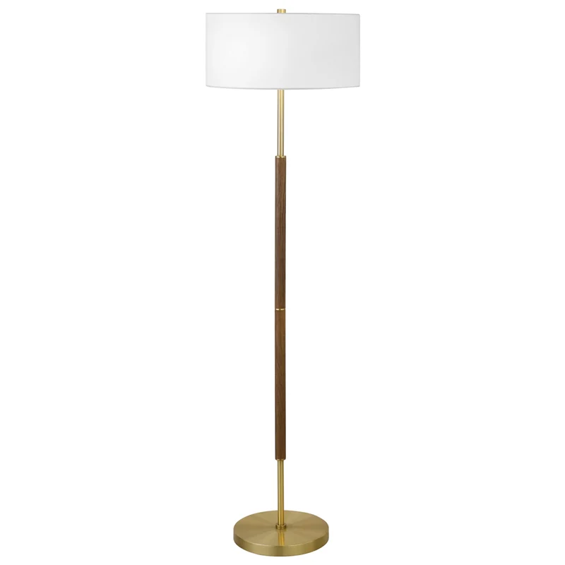 Hudson&Canal Simone 2-Light Floor Lamp with Fabric Shade - Rustic Oak/Brass/White