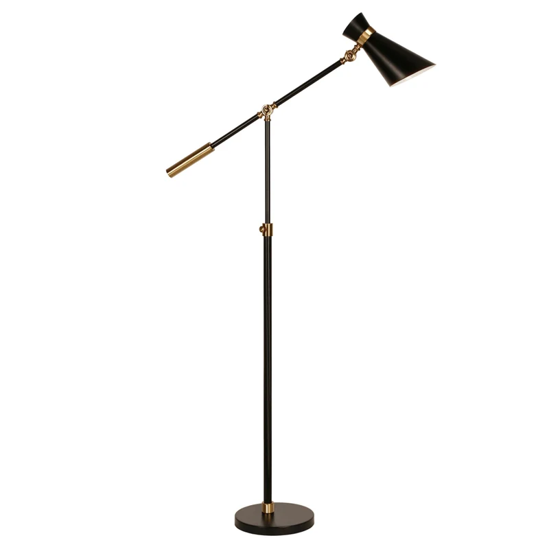 Hudson&Canal - Lampadaire Rex bicolore réglable en hauteur avec abat-jour en métal - Noir/Laiton/Noir