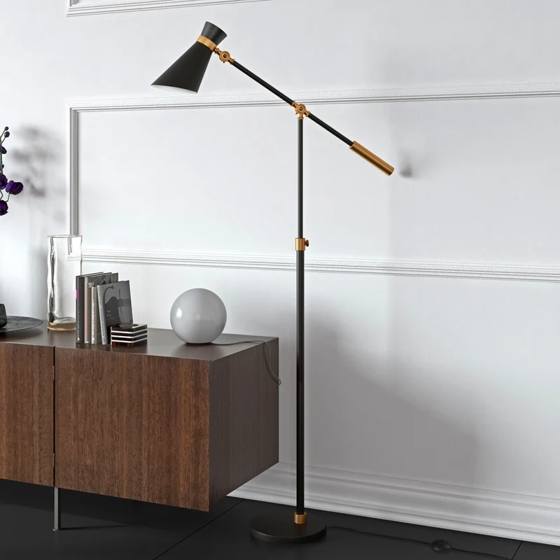 Hudson&Canal Rex Two-Tone/Height-Adjustable Floor Lamp with Metal Shade - Black/Brass/Black