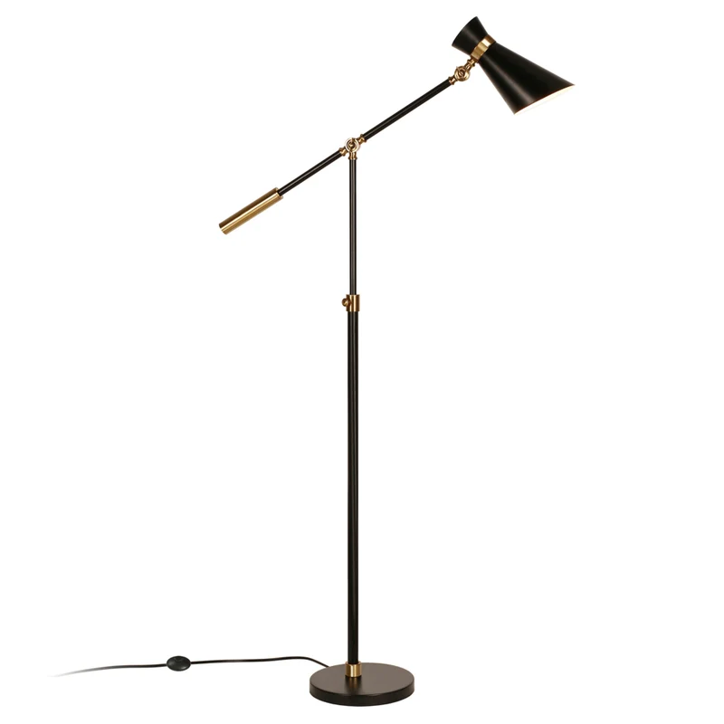 Hudson&Canal Rex Two-Tone/Height-Adjustable Floor Lamp with Metal Shade - Black/Brass/Black