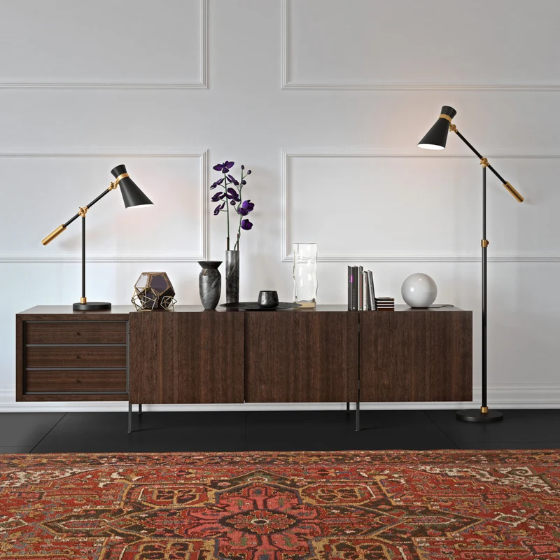 Hudson&Canal Rex Two-Tone/Height-Adjustable Floor Lamp with Metal Shade - Black/Brass/Black