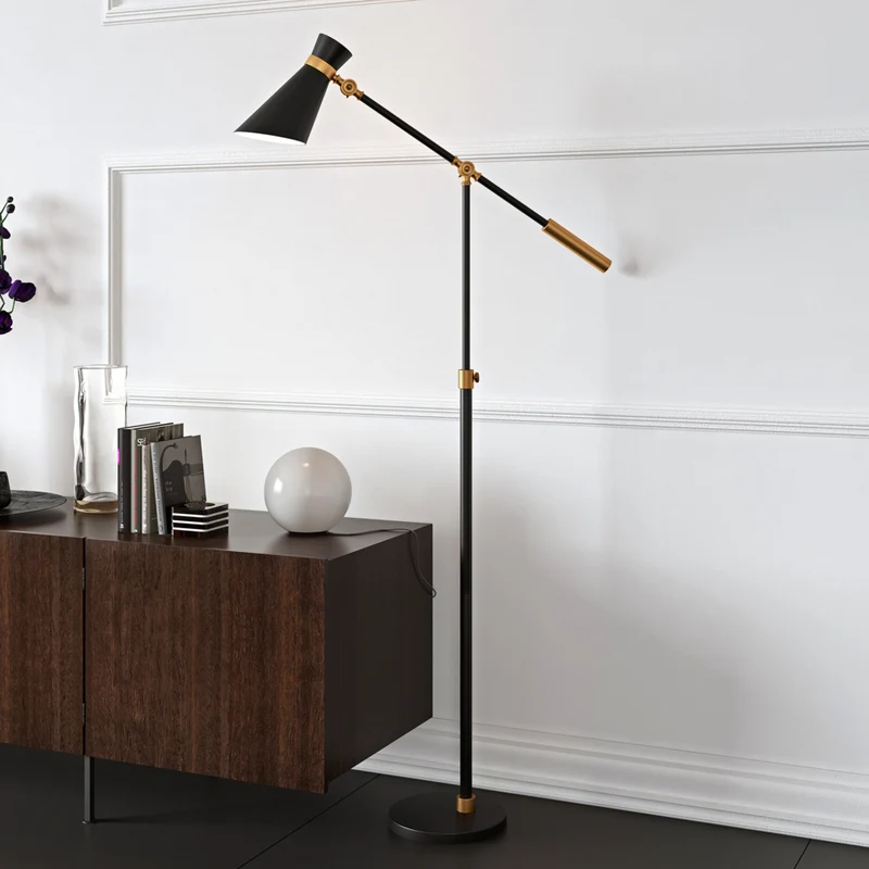 Hudson&Canal Rex Two-Tone/Height-Adjustable Floor Lamp with Metal Shade - Black/Brass/Black