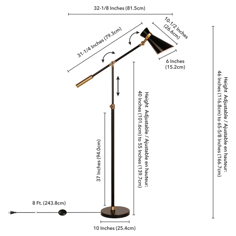 Hudson&Canal Rex Two-Tone/Height-Adjustable Floor Lamp with Metal Shade - Black/Brass/Black
