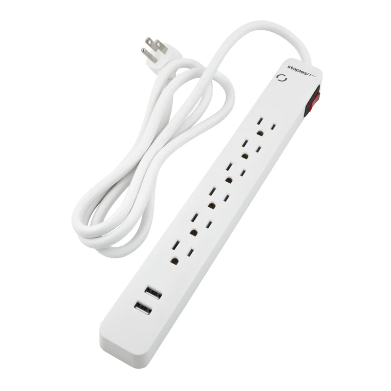 Staples Tech - Parasurtenseur à 6 prises 1 080 J - 2 ports USB-A - Câble de 5 pi - Blanc