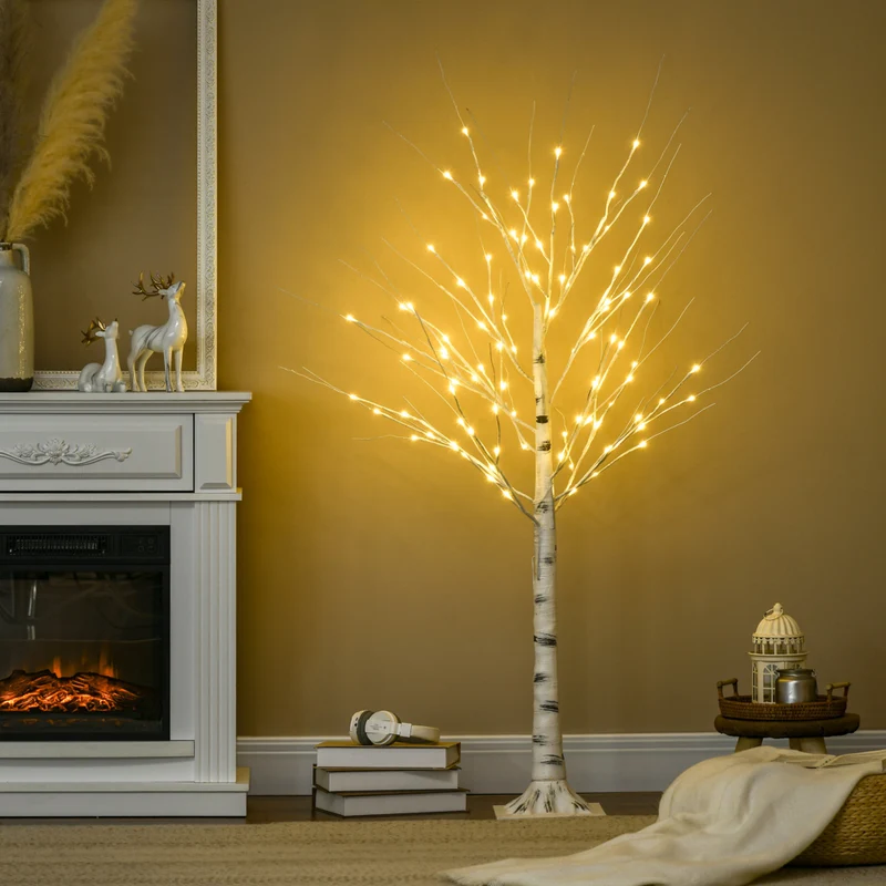 HOMCOM - Arbre de bouleau artificiel lumineux 5 pi avec 96 LED blanc chaud - blanc