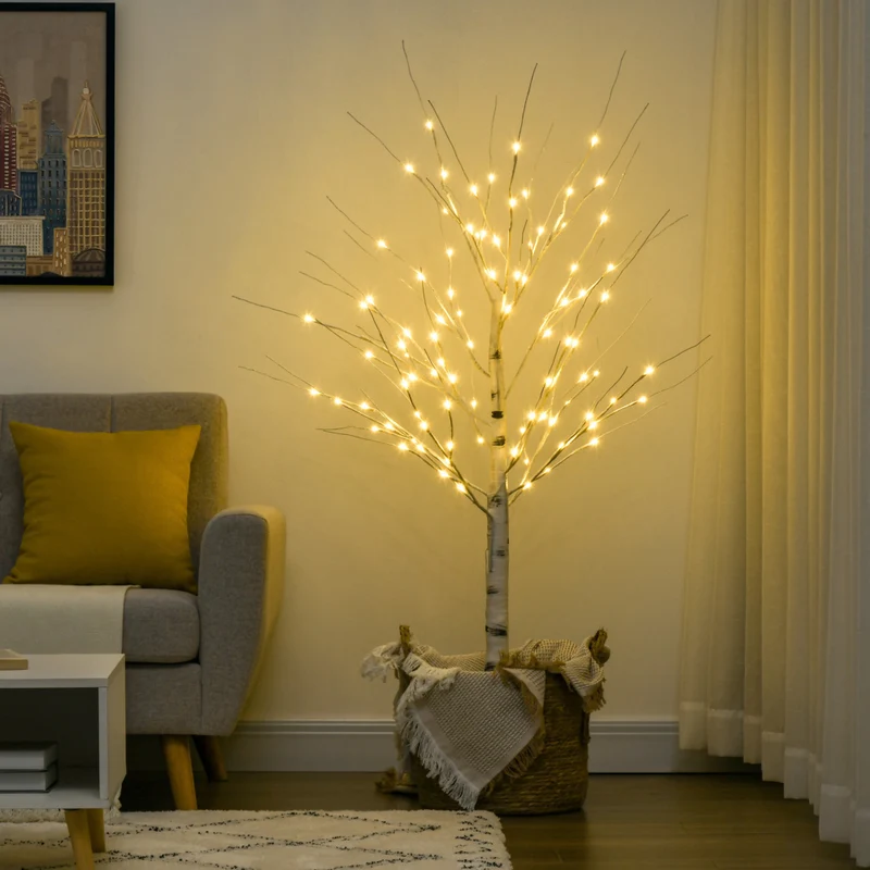 HOMCOM - Arbre de bouleau artificiel lumineux 5 pi avec 96 LED blanc chaud - blanc