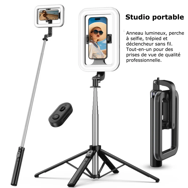 MyBat - Trépied Spotlight Pro - Support en acier inoxydable avec anneau LED 9" et télécommande sans fil - Argent