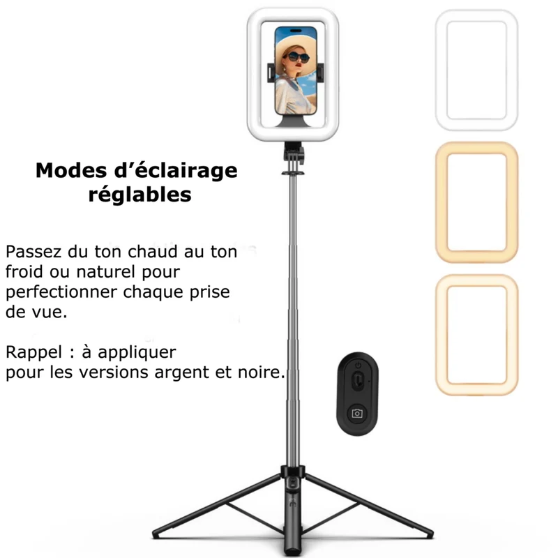 MyBat - Trépied Spotlight Pro - Support en acier inoxydable avec anneau LED 9" et télécommande sans fil - Argent