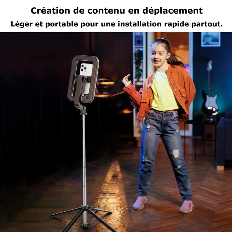 MyBat - Trépied Spotlight Pro - Support en acier inoxydable avec anneau LED 9" et télécommande sans fil - Argent