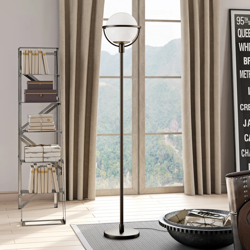 Hudson&Canal Cieonna Globe & Stem Floor Lamp with Glass Shade - Blackened Bronze/White