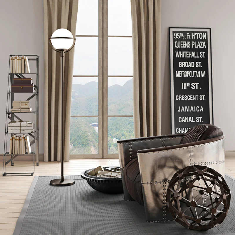 Hudson&Canal Cieonna Globe & Stem Floor Lamp with Glass Shade - Blackened Bronze/White