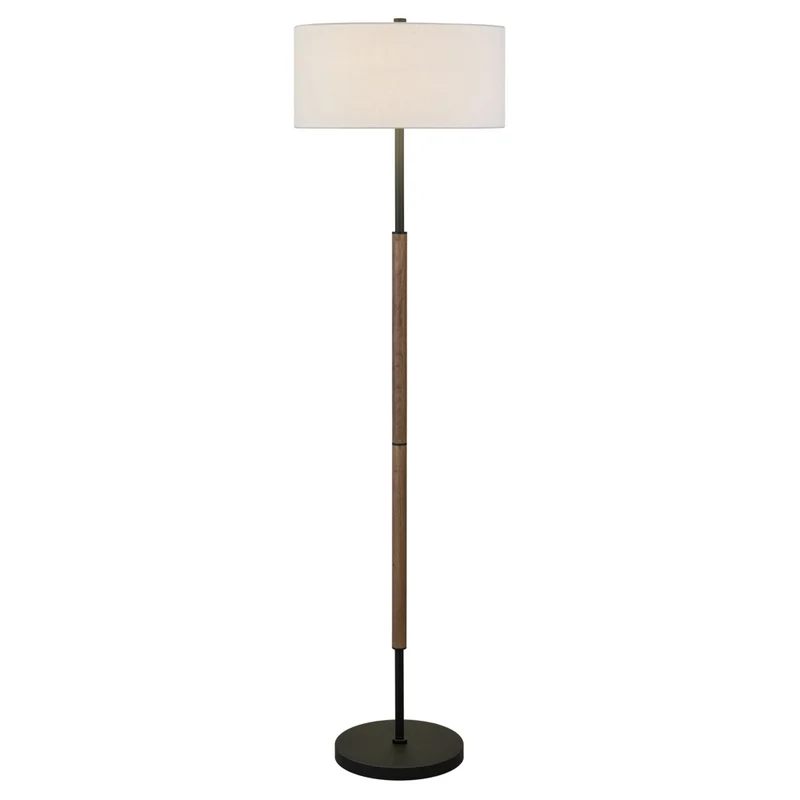 Hudson&Canal - Lampadaire Simone à 2 lumières avec abat-jour en tissu - Bronze noirci/chêne rustique/blanc
