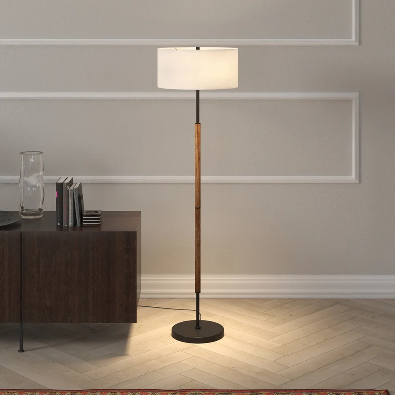 Hudson&Canal - Lampadaire Simone à 2 lumières avec abat-jour en tissu - Bronze noirci/chêne rustique/blanc