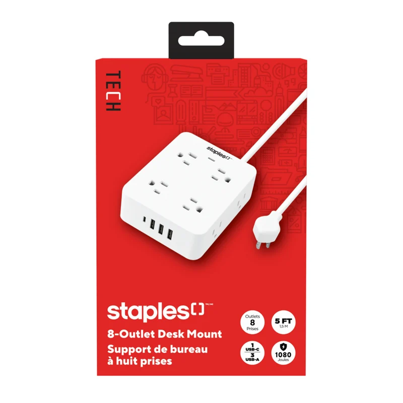 Staples Tech 1080J 8 Outlet Desk Mount Surge Protector - 2 USB-A/USB-C Ports - 5' Cable - White