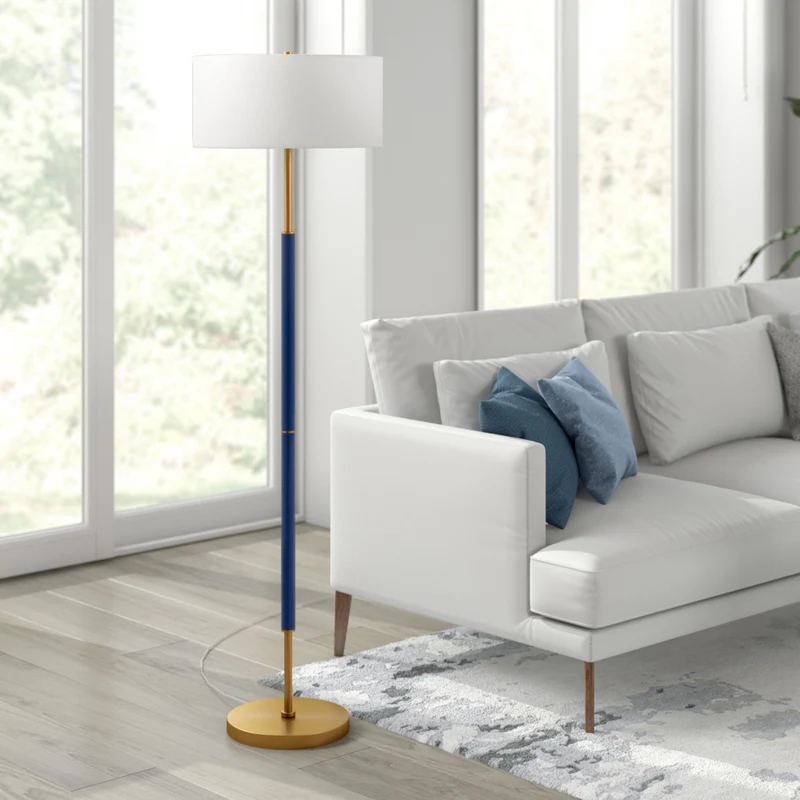 Hudson&Canal - Lampadaire Simone 2 lumières avec abat-jour en tissu - Bleu/laiton/blanc