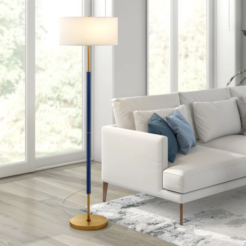 Hudson&Canal - Lampadaire Simone 2 lumières avec abat-jour en tissu - Bleu/laiton/blanc
