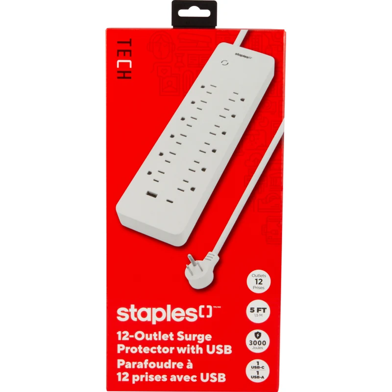 Staples Tech - Parasurtenseur à 12 prises 3 000 J - ports USB-A et USB-C - Câble de 5 pi - Blanc