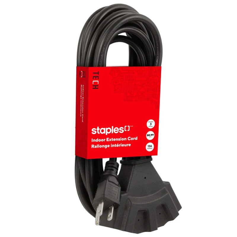 Staples Tech - Rallonge de 20 pi - 3 prises - Noir