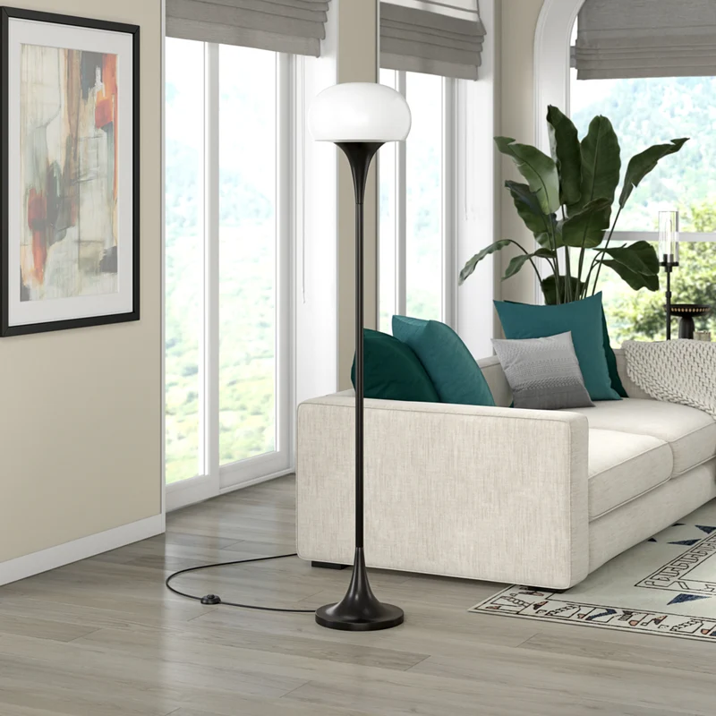 Hudson&Canal Aleister Torchiere Floor Lamp with Glass Shade - Blackened Bronze/White Milk