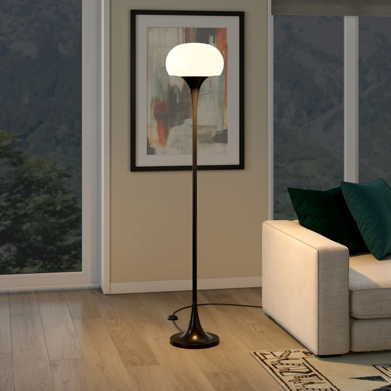 Hudson&Canal Aleister Torchiere Floor Lamp with Glass Shade - Blackened Bronze/White Milk