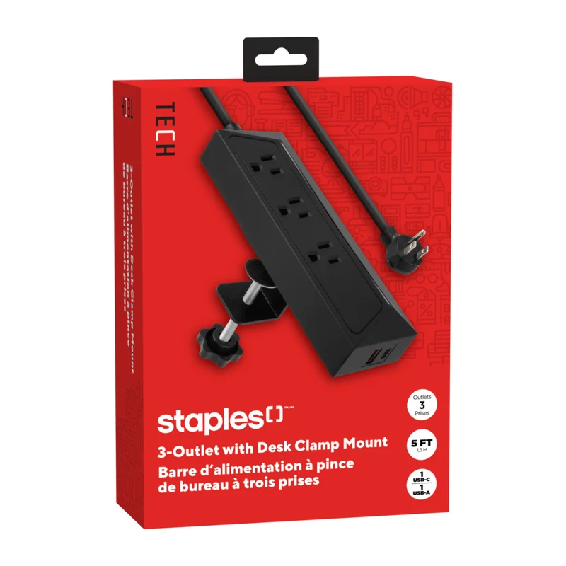 Staples Tech - Barre d’alimentation de bureau à 3 prises - ports USB-A et USB-C - câble de 5 pi - noir