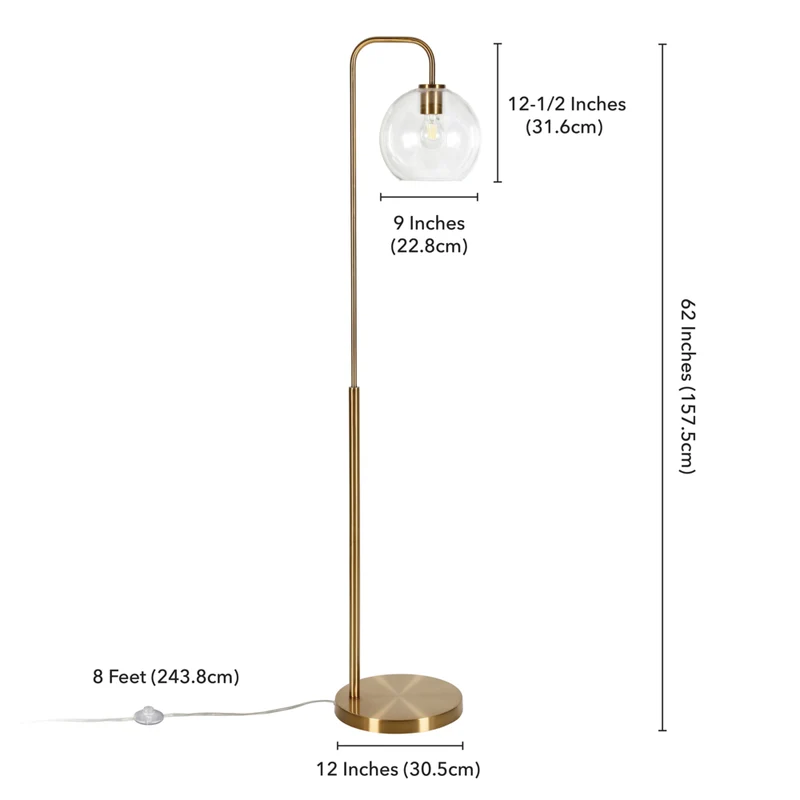 Hudson&Canal - Lampadaire Harrison Arc avec abat-jour en verre - Laiton/Transparent