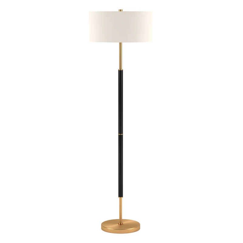 Hudson&Canal - Lampadaire Simone 2 lumières avec abat-jour en tissu - Noir mat/laiton/blanc
