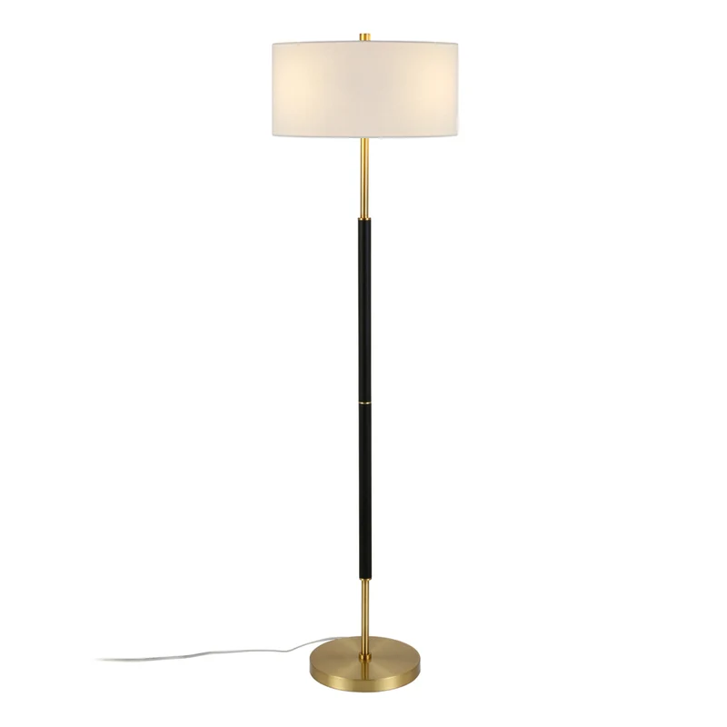 Hudson&Canal - Lampadaire Simone 2 lumières avec abat-jour en tissu - Noir mat/laiton/blanc