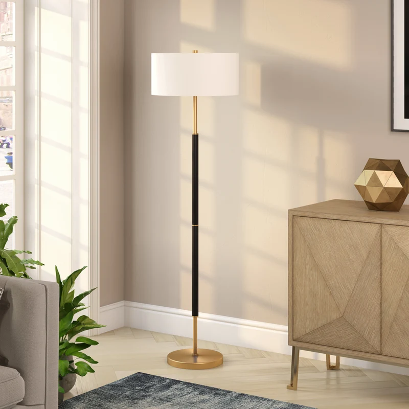 Hudson&Canal - Lampadaire Simone 2 lumières avec abat-jour en tissu - Noir mat/laiton/blanc