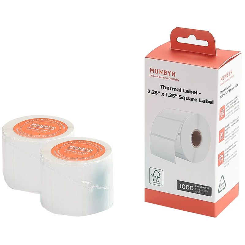 MUNBYN - Étiquette thermique - 2,25 x 1,25" - Blanc - 1000 feuilles/rouleau - 2 rouleaux/paquet - Paquet de 2 (4000 feuilles)