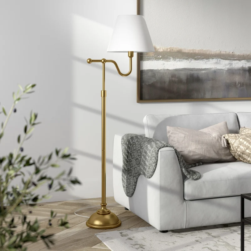 Hudson&Canal - Lampadaire Wellesley 63" de haut avec abat-jour en tissu - Laiton/Blanc