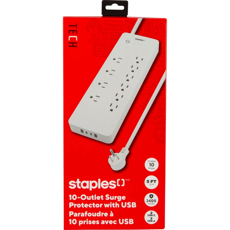 Staples Tech 2400J 10 Outlet Surge Protector - 2 USB-A/USB-C Ports - 5' Cable - White