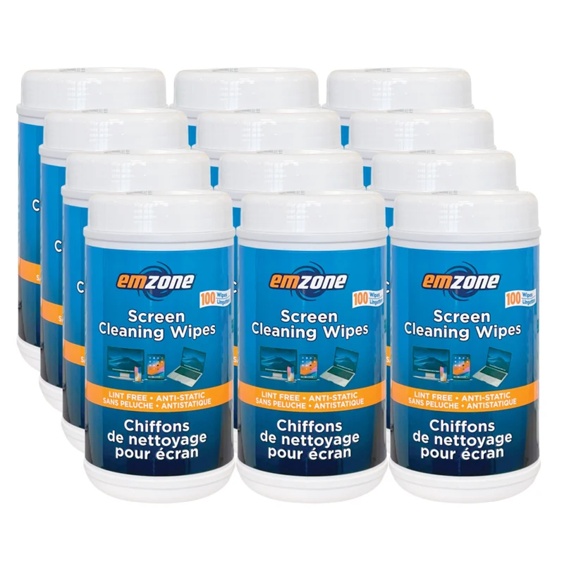 Emzone Screen Cleaning Wipes Tub - 100 Wipes/Pack - 12 Pack